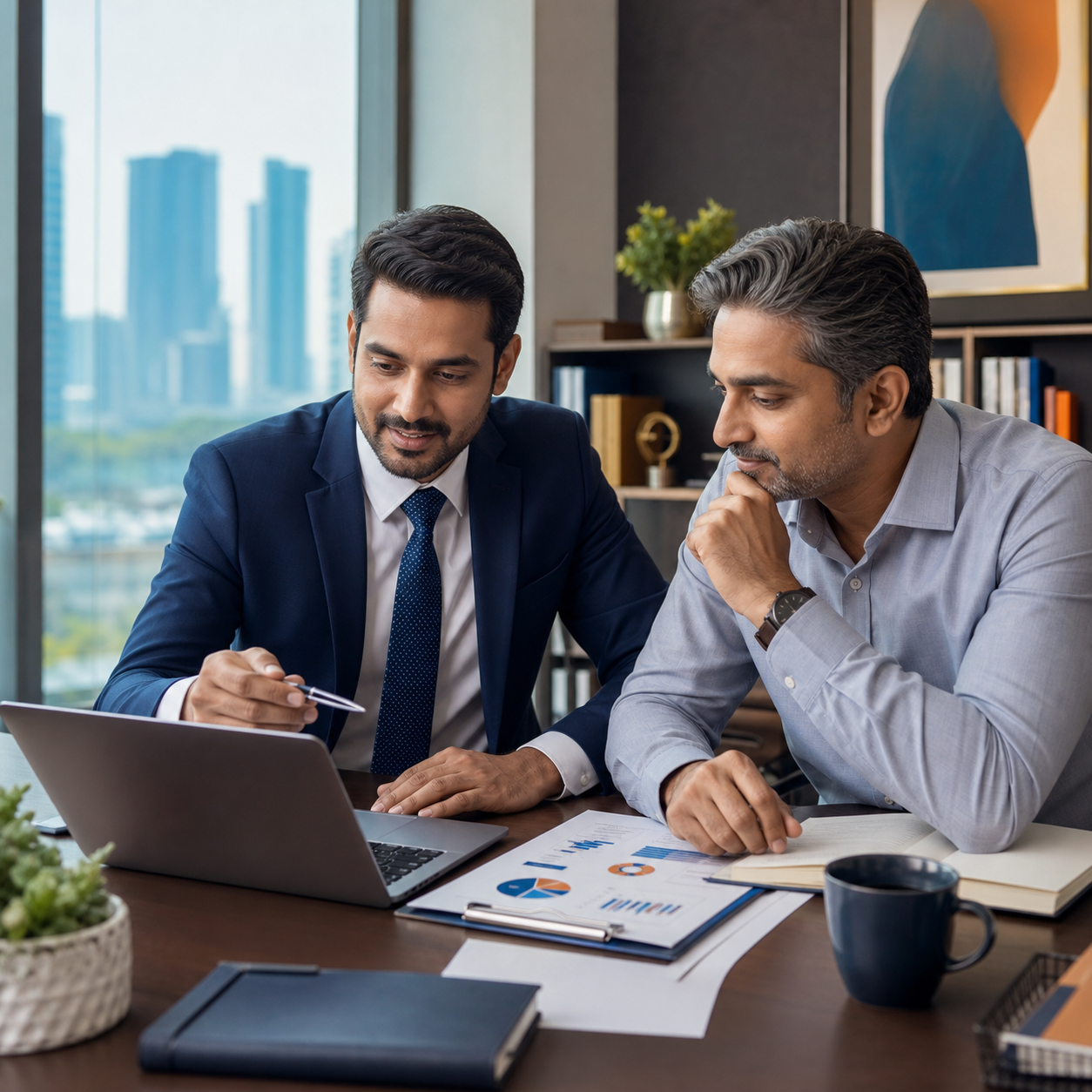 Financial advisor reviewing business performance